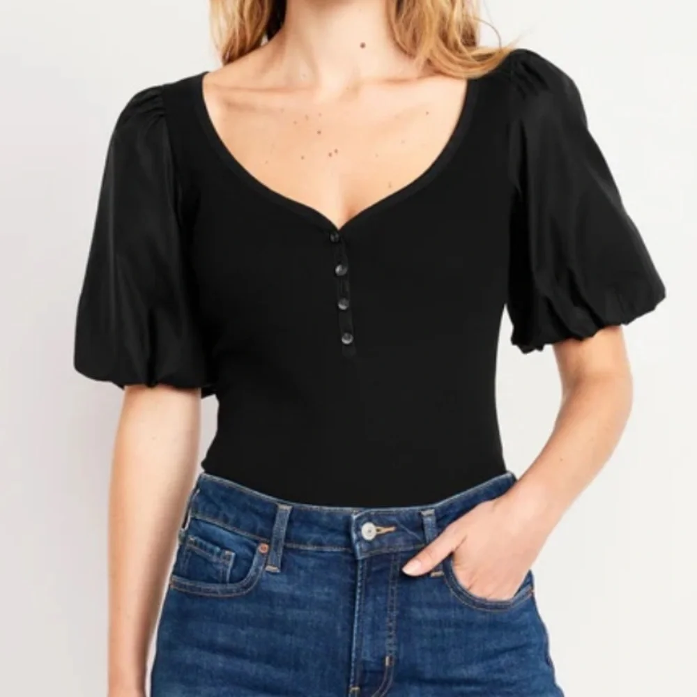 Old Navy Black Puff Sleeve Henley Top